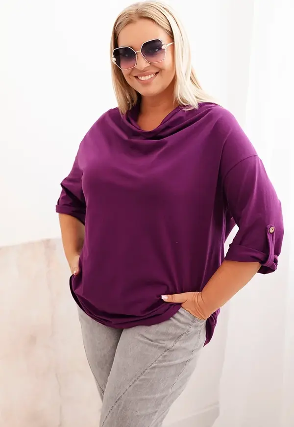 Kesi Włoski Kesi Włoski Plus Size women's blouse with cotton in a loose fit with a water neckline dark purple
