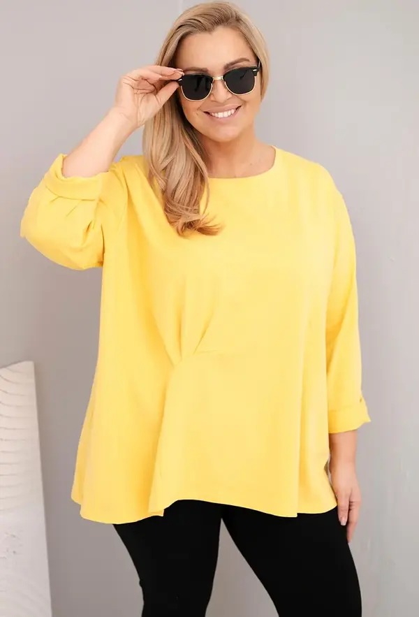Kesi Włoski Kesi Włoski Plus size women's blouse with cotton, long sleeves and gathering yellow