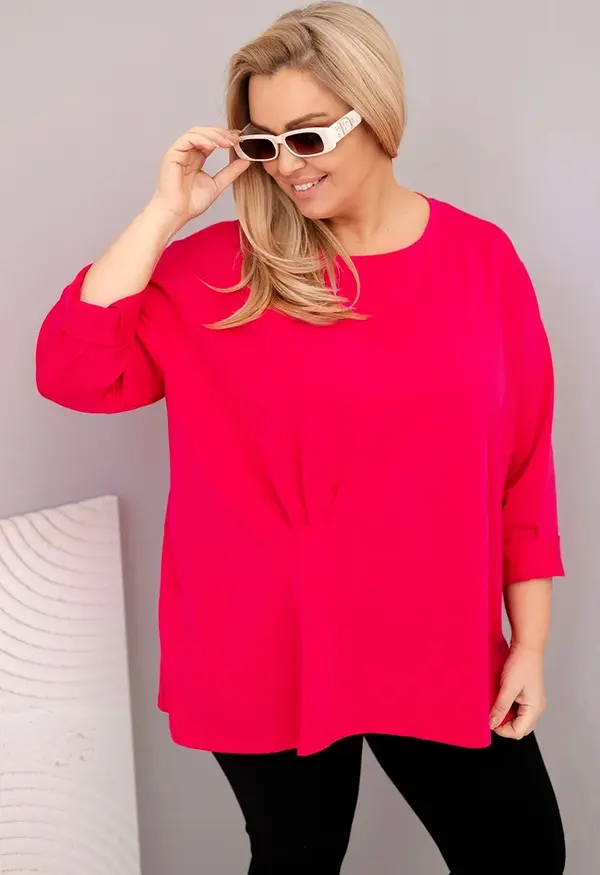 Kesi Włoski Kesi Włoski Plus size women's blouse with cotton, long sleeves and ruching fuchsia