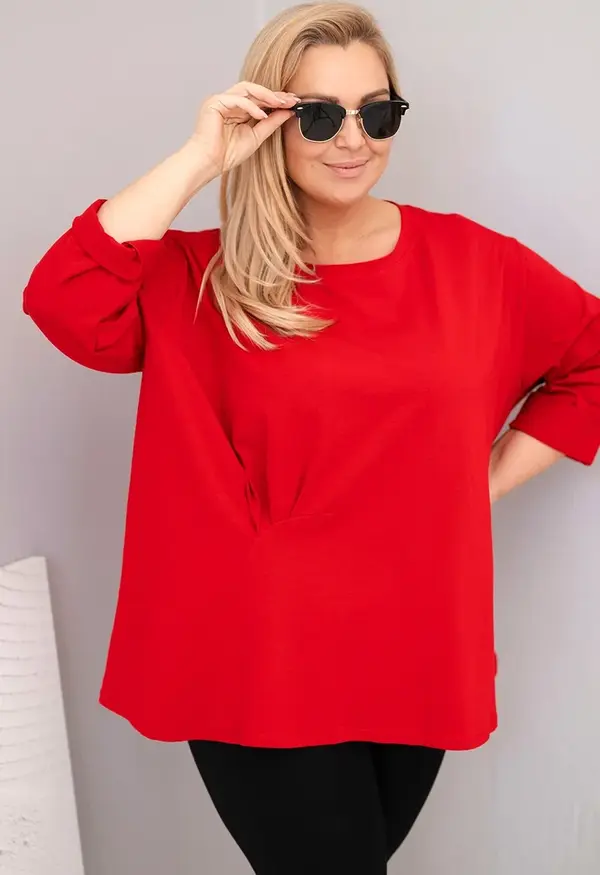 Kesi Włoski Kesi Włoski Plus size women's blouse with cotton, long sleeves and ruching red