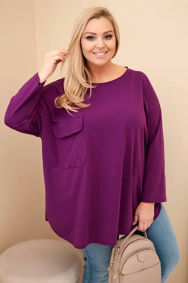 Kesi Włoski Kesi Włoski Plus Size women's blouse with cotton, pocket, and rolled-up sleeve dark purple