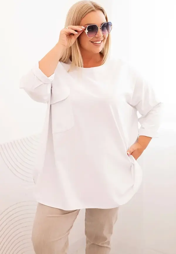 Kesi Włoski Kesi Włoski Plus Size women's blouse with cotton, pocket, and rolled-up sleeve white