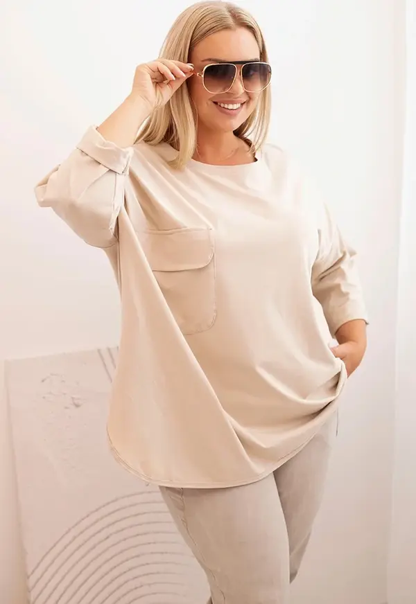 Kesi Włoski Kesi Włoski Plus Size women's blouse with cotton, pocket, and rolled-up sleeves beige