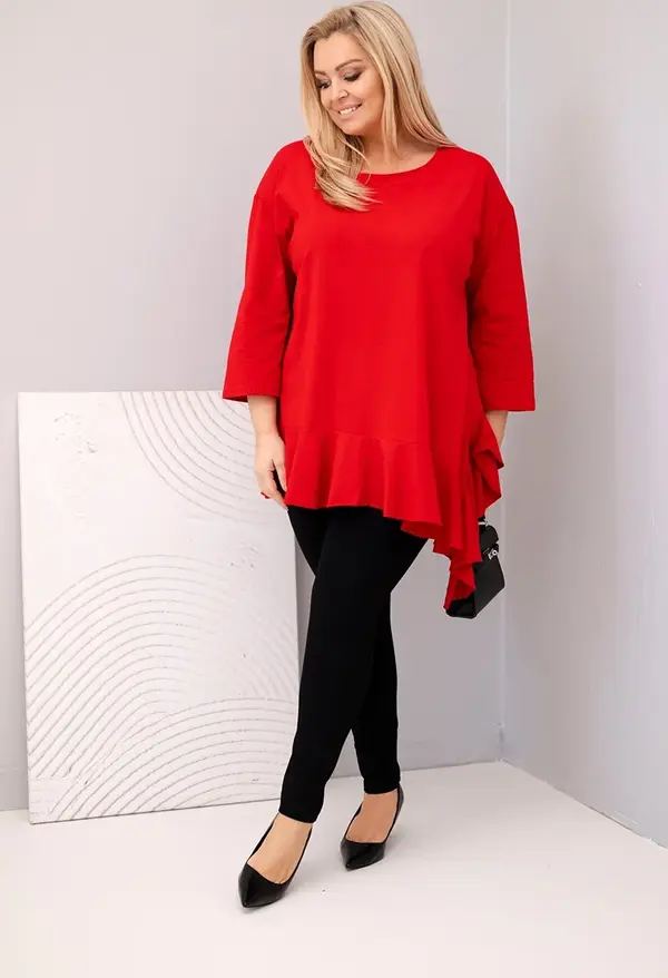 Kesi Włoski Kesi Włoski Plus Size women's blouse with cotton, ruffled and rolled-up sleeves red