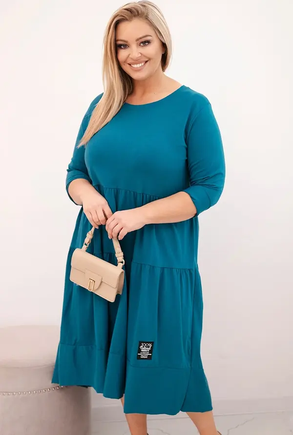 Kesi Włoski Kesi Włoski Plus Size women's cotton dress with ruffles and rolled-up sleeves teal