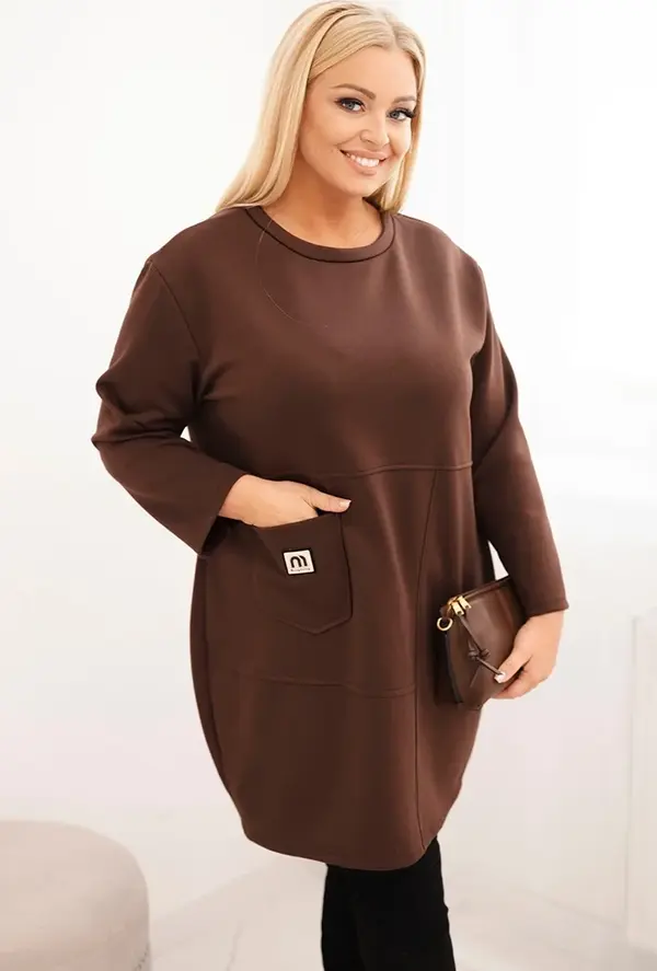 Kesi Włoski Kesi Włoski Plus Size women's dress butter with a pocket and 3/4 sleeve brown