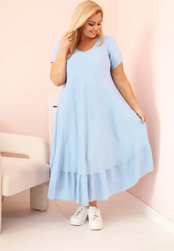 Kesi Włoski Kesi Włoski Plus size women's dress with short sleeves and ruffle made of light viscose blue