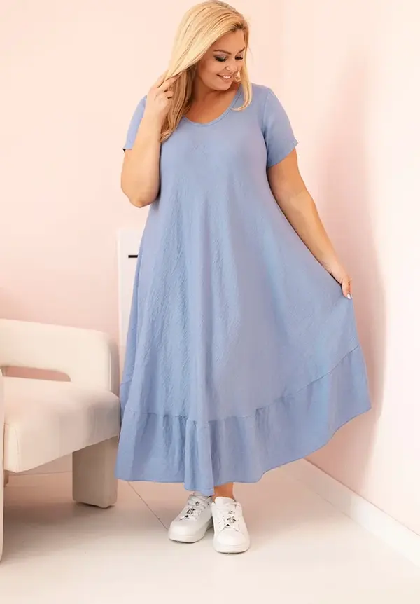 Kesi Włoski Kesi Włoski Plus size women's dress with short sleeves and ruffle made of light viscose denim