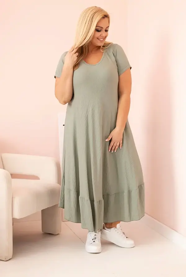 Kesi Włoski Kesi Włoski Plus size women's dress with short sleeves and ruffle made of light viscose khaki
