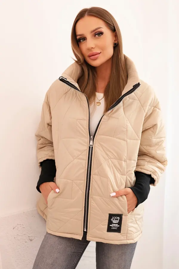 Kesi Włoski Kesi Włoski Quilted women's jacket with a short cut and a stand-up collar dark beige