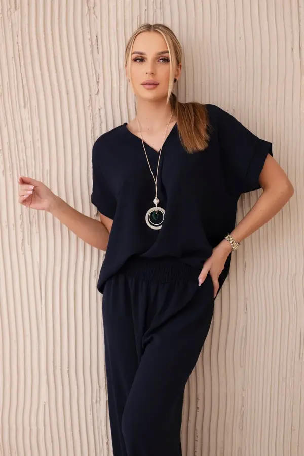 Kesi Włoski Kesi Włoski Set with necklace blouse + pants navy blue