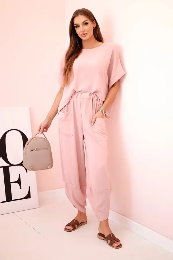 Kesi Włoski Kesi Włoski Viscose blouse + pants set powder pink