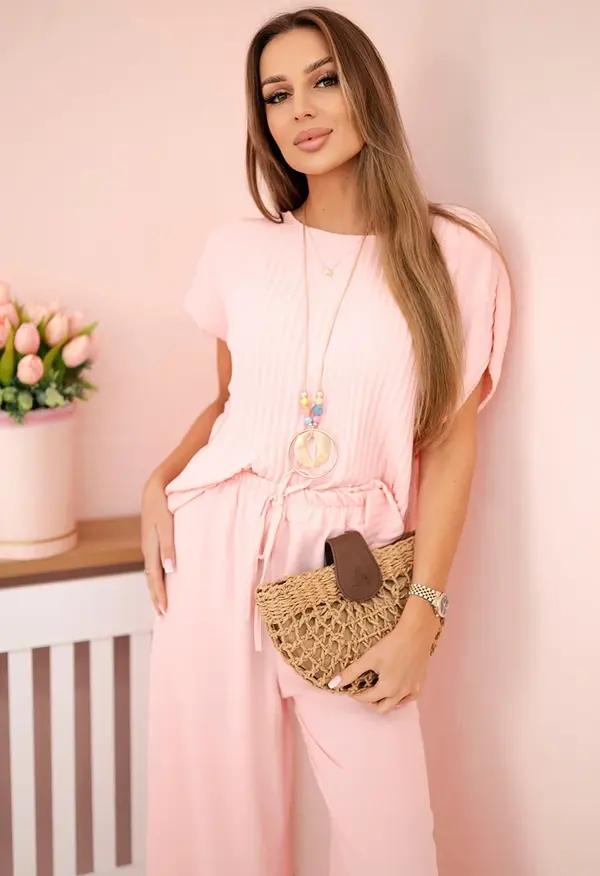 Kesi Włoski Kesi Włoski Viscose set pleated blouse + trousers powder pink