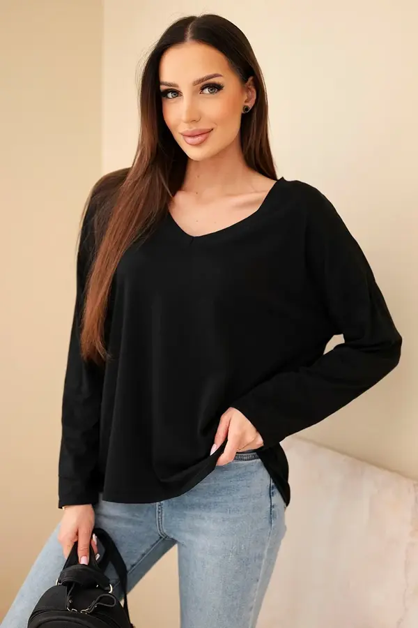 Kesi Włoski Kesi Włoski Women's cotton blouse with a V-neck and long sleeves black