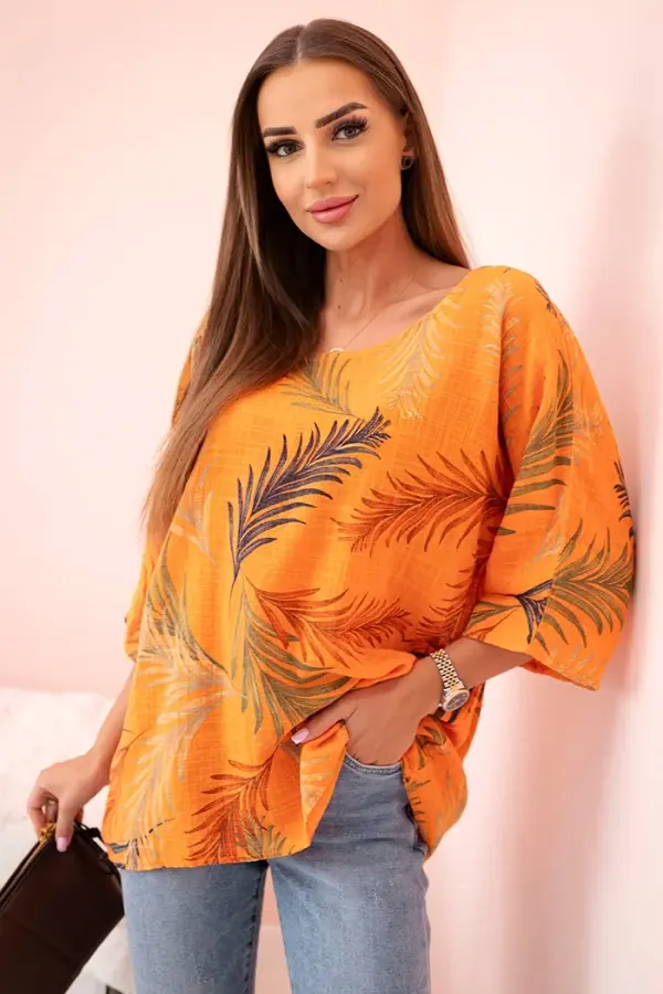 Kesi Włoski Kesi Włoski Women's cotton blouse with leaves with roll-up sleeves orange