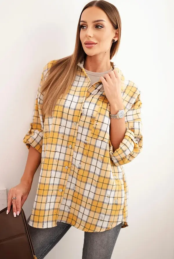 Kesi Włoski Kesi Włoski Women's cotton checkered shirt with a distressed effect mustard