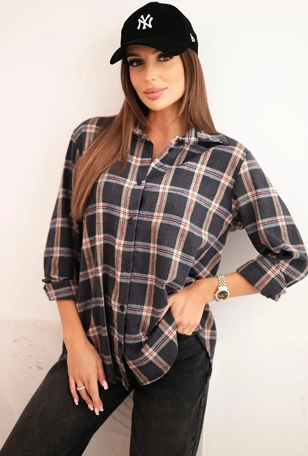 Kesi Włoski Kesi Włoski Women's cotton checkered shirt with a longer back graphite