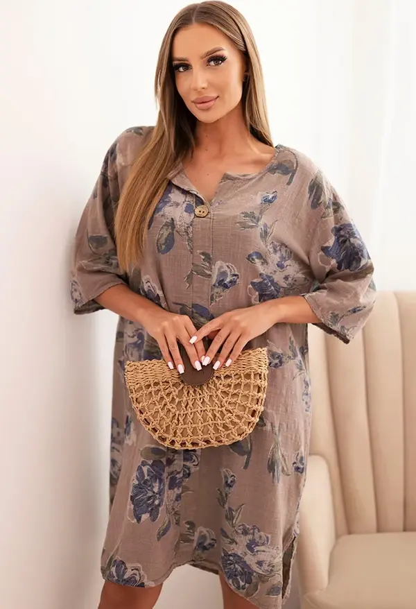 Kesi Włoski Kesi Włoski Women's cotton dress with floral pattern and 3/4 sleeve fango