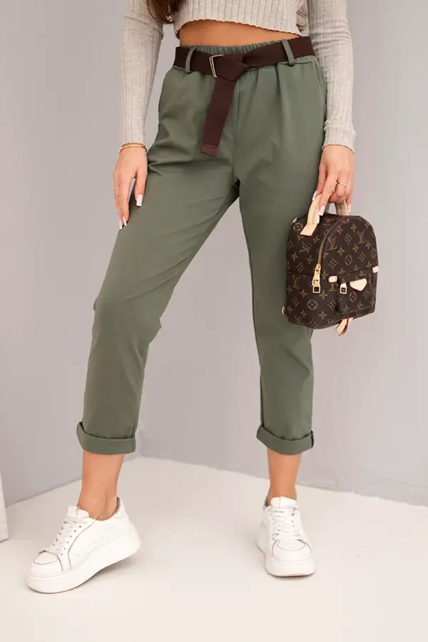 Kesi Włoski Kesi Włoski Women's cotton pants with a belt and rolled-up cuffs khaki