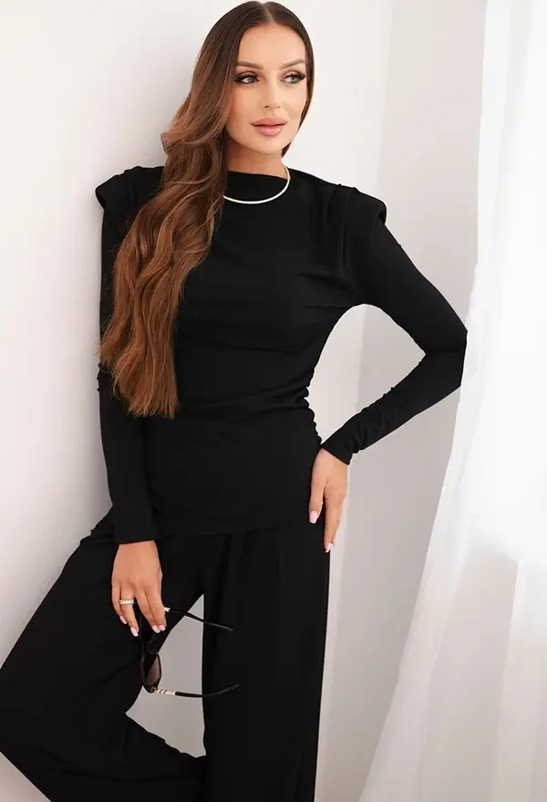 Kesi Włoski Kesi Włoski Women's cotton set with a blouse and wide-leg pants black