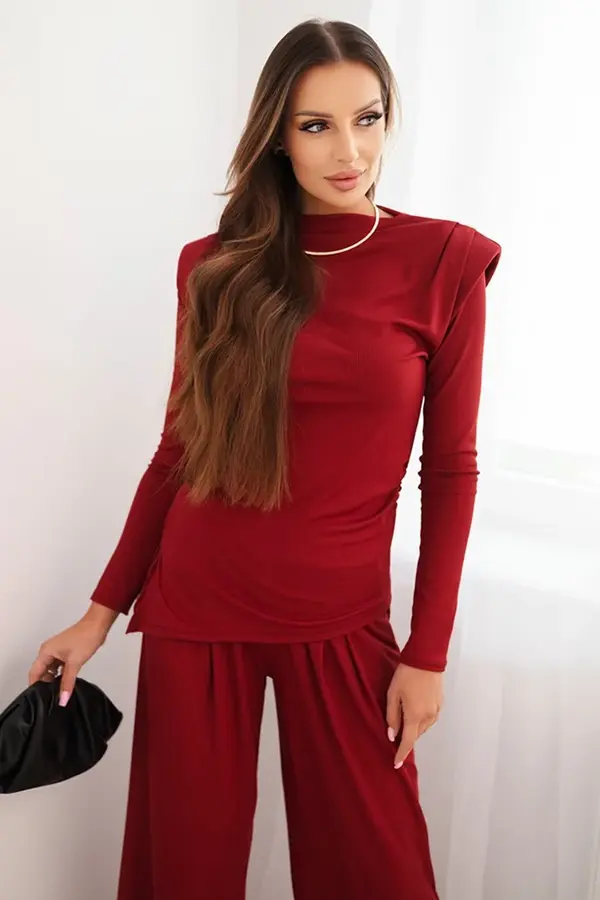 Kesi Włoski Kesi Włoski Women's cotton set with a blouse and wide-leg pants maroon