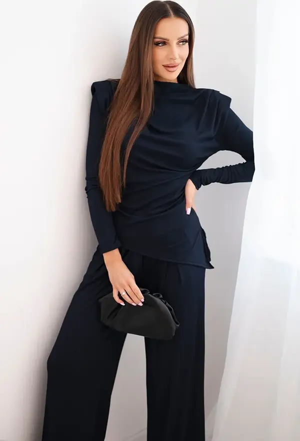 Kesi Włoski Kesi Włoski Women's cotton set with a blouse and wide-leg pants navy blue