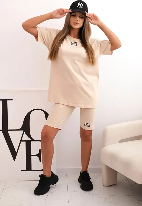 Kesi Włoski Kesi Włoski Women's cotton set with short sleeves and shorts beige