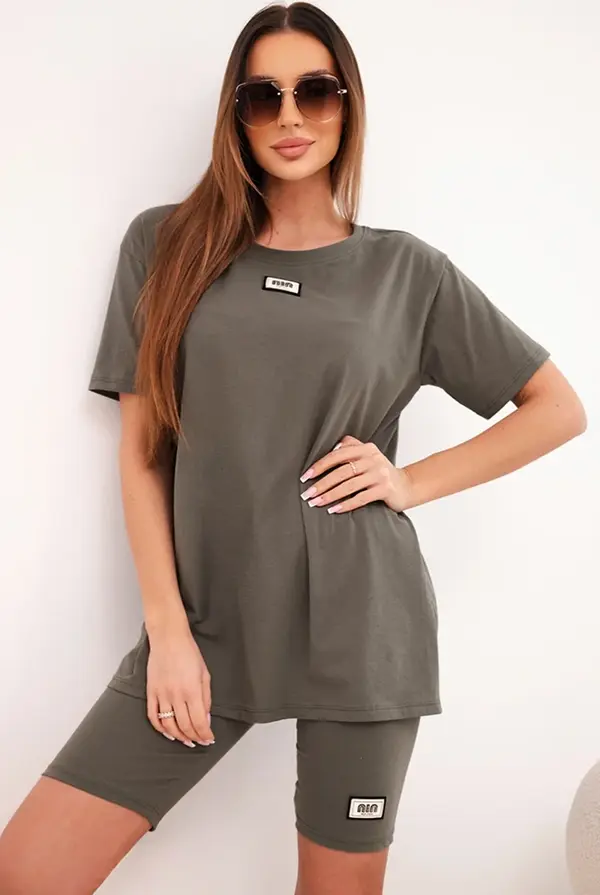 Kesi Włoski Kesi Włoski Women's cotton set with short sleeves and shorts khaki