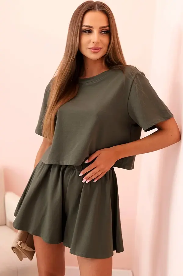 Kesi Włoski Kesi Włoski Women's cotton set with wide shorts khaki