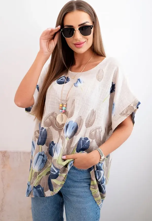 Kesi Włoski Kesi Włoski Women's cotton shirt with a floral pattern beige