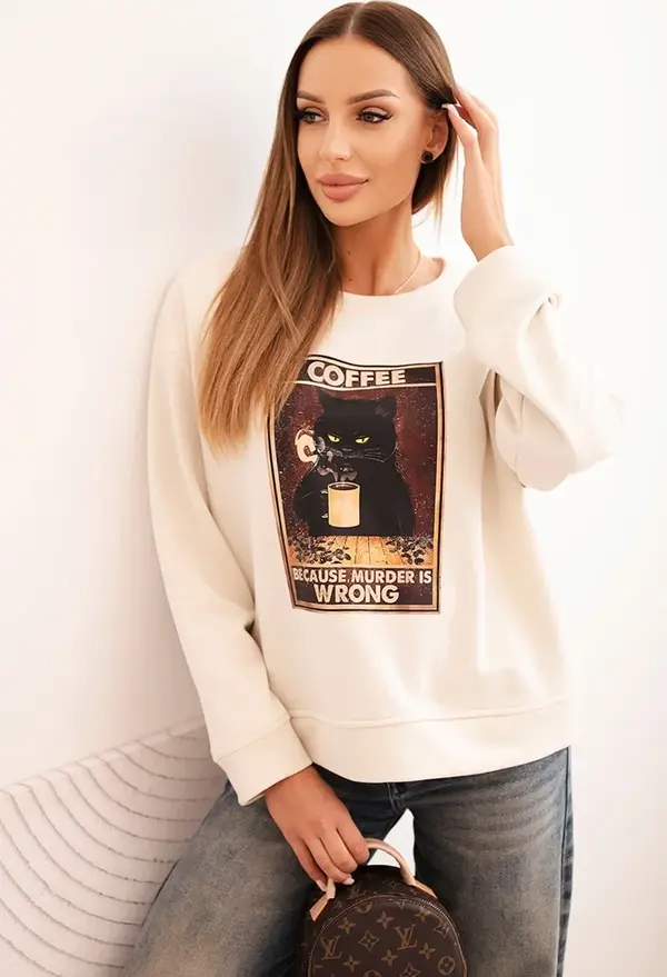 Kesi Włoski Kesi Włoski Women's cotton sweatshirt with a cat print and text light beige
