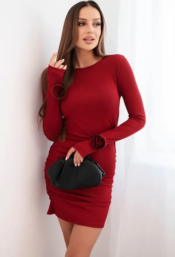 Kesi Włoski Kesi Włoski Women's dress made of viscose with gathering and flowers on the sleeves burgundy