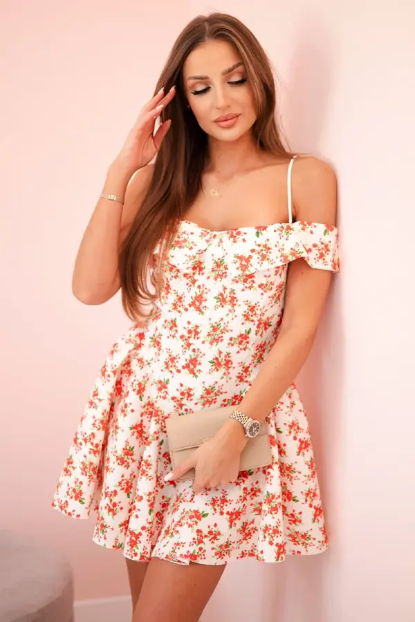 Kesi Włoski Kesi Włoski Women's floral flared dress with bare shoulders ecru