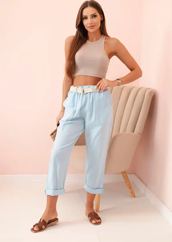 Kesi Włoski Kesi Włoski Women's linen cotton pants with a belt blue