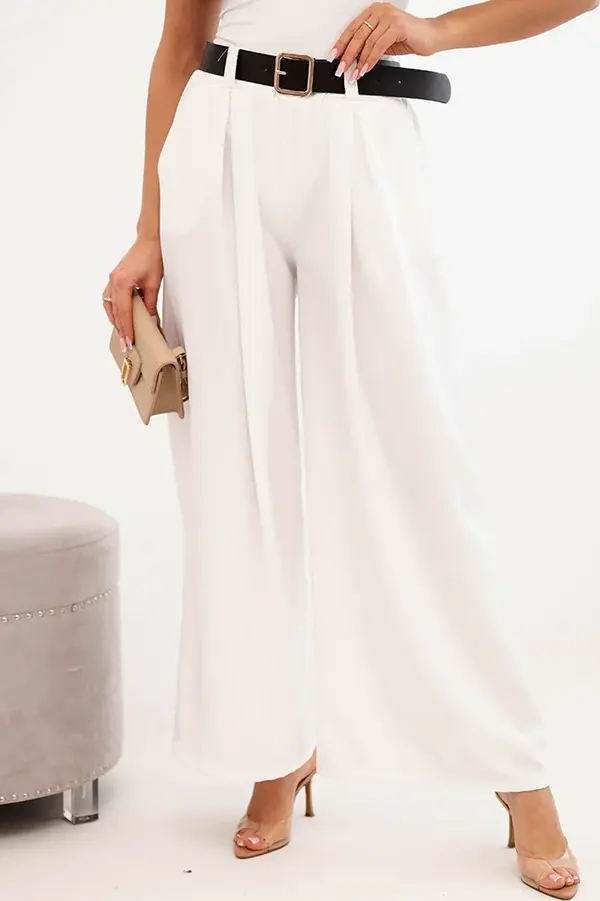Kesi Włoski Kesi Włoski Women's pants with wide legs and a belt ecru