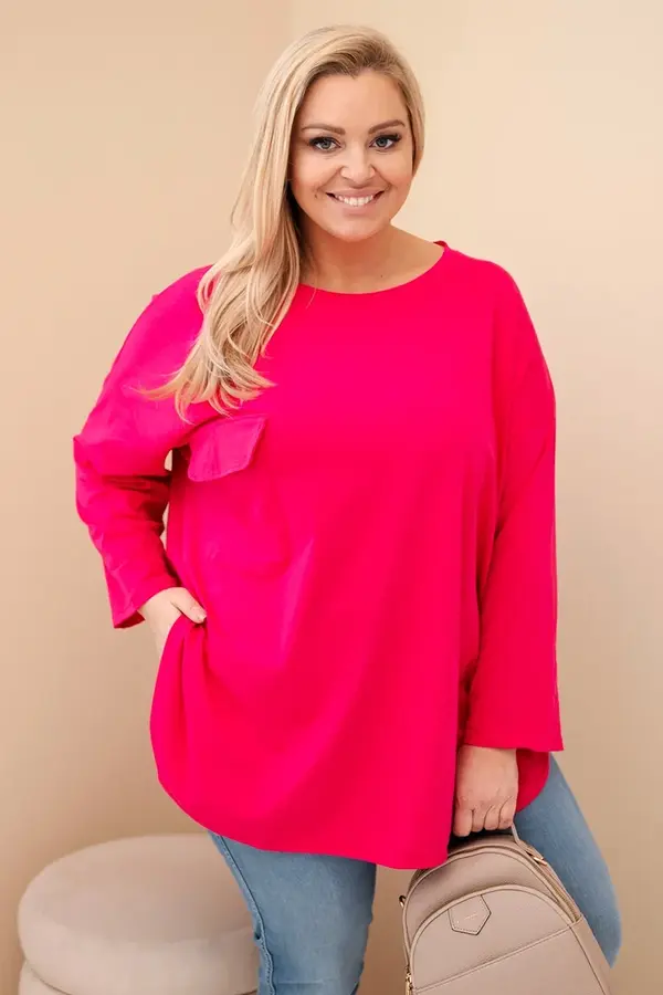 Kesi Włoski Kesi Włoski Women's Plus Size blouse with cotton, featuring a pocket and rolled-up sleeve fuchsia