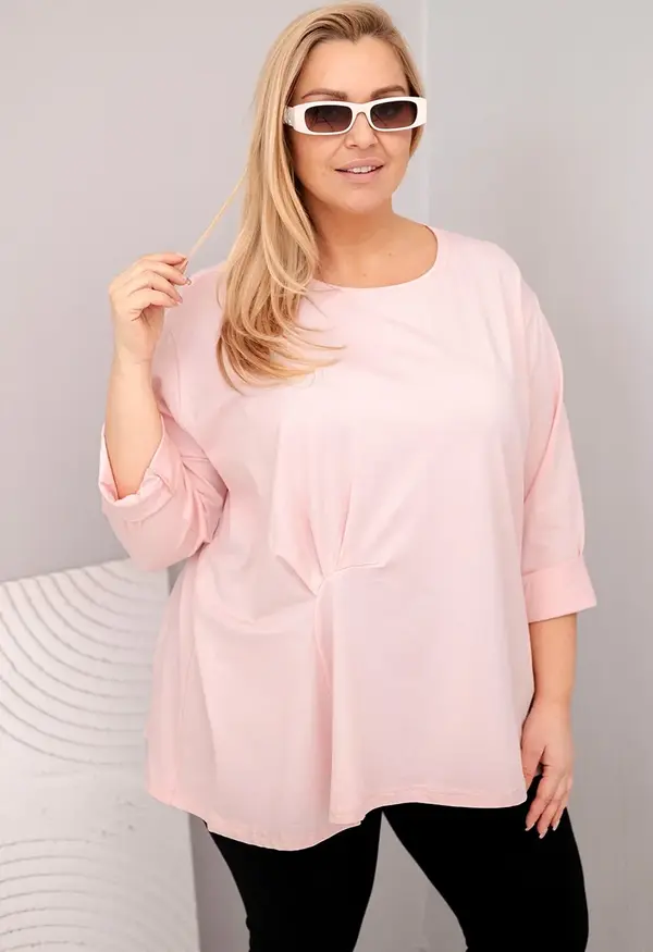 Kesi Włoski Kesi Włoski Women's plus size blouse with cotton, long sleeves, and ruching, dusty pink