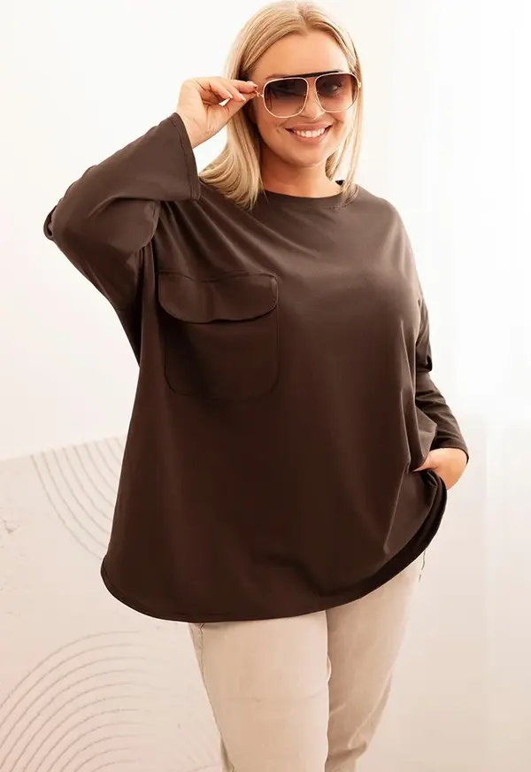 Kesi Włoski Kesi Włoski Women's Plus Size blouse with cotton, pocket, and rolled-up sleeve brown