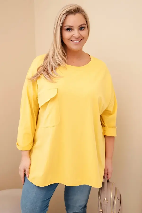 Kesi Włoski Kesi Włoski Women's Plus Size blouse with cotton, pocket, and rolled-up sleeve yellow