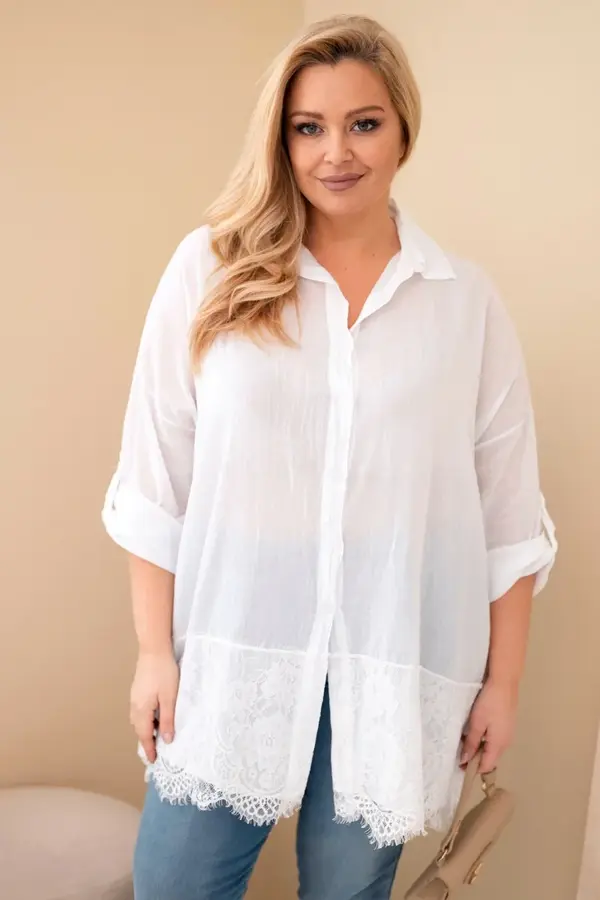 Kesi Włoski Kesi Włoski Women's Plus Size cotton faded shirt with lace trim white