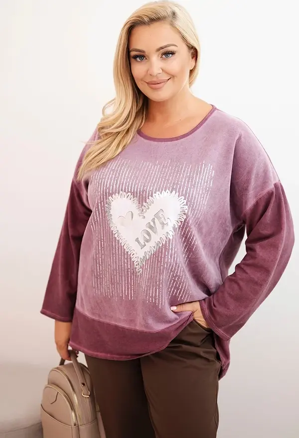 Kesi Włoski Kesi Włoski Women's Plus Size cotton sweatshirt with heart print and drawstrings dark pink