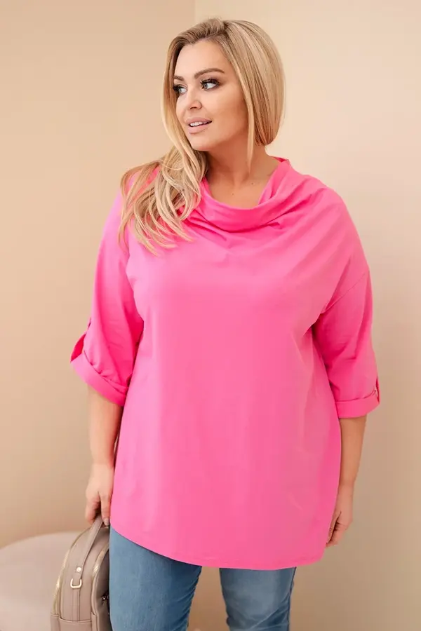 Kesi Włoski Kesi Włoski Women’s Plus Size loose-fit blouse with cotton and a V-neck light pink