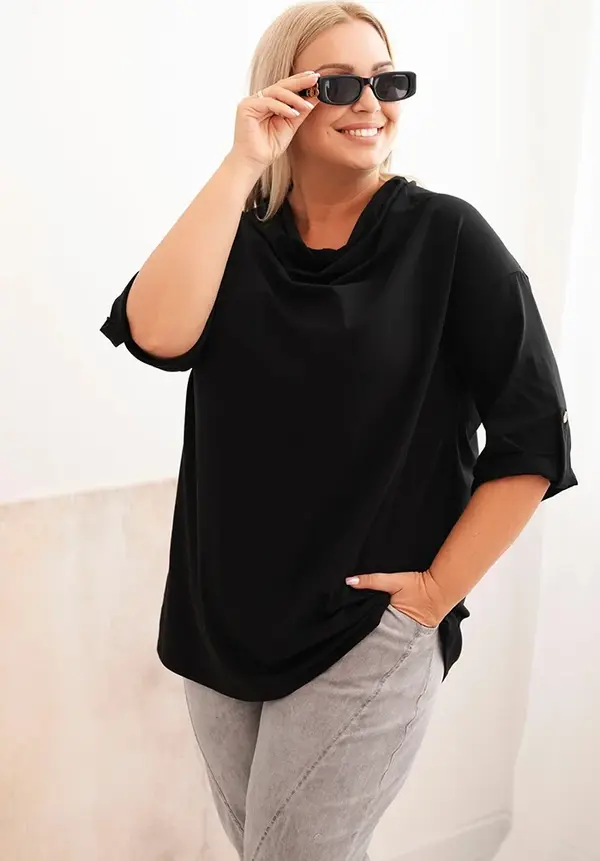 Kesi Włoski Kesi Włoski Women's Plus Size loose-fit blouse with cotton and a water neckline black
