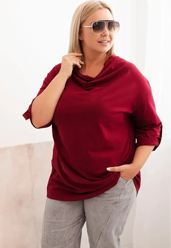 Kesi Włoski Kesi Włoski Women's Plus Size loose-fitting blouse with cotton and water neckline burgundy