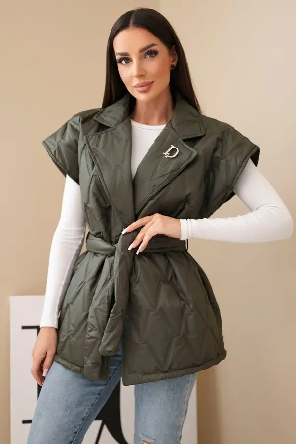 Kesi Włoski Kesi Włoski Women's quilted vest with belt and wide collar khaki