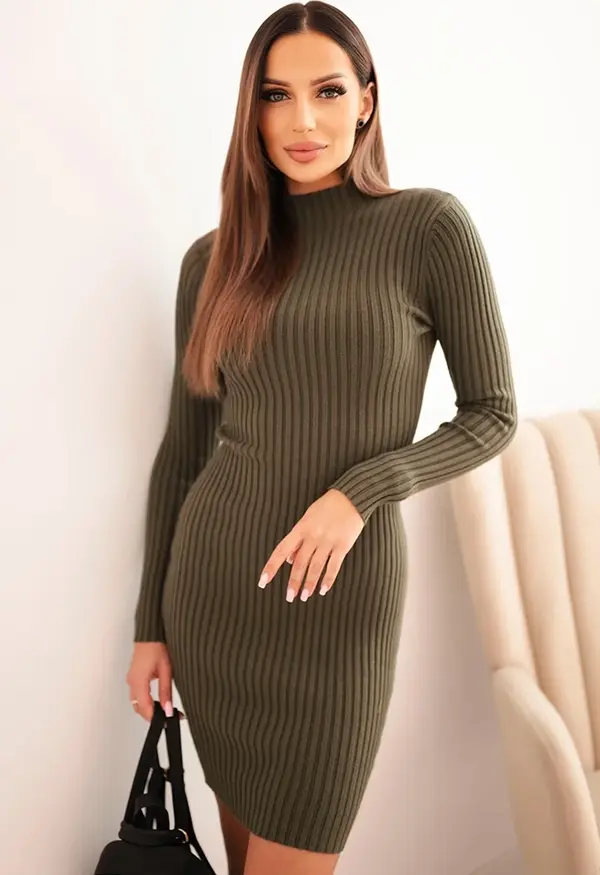 Kesi Włoski Kesi Włoski Women's ribbed viscose dress with long sleeves and a stand-up collar khaki