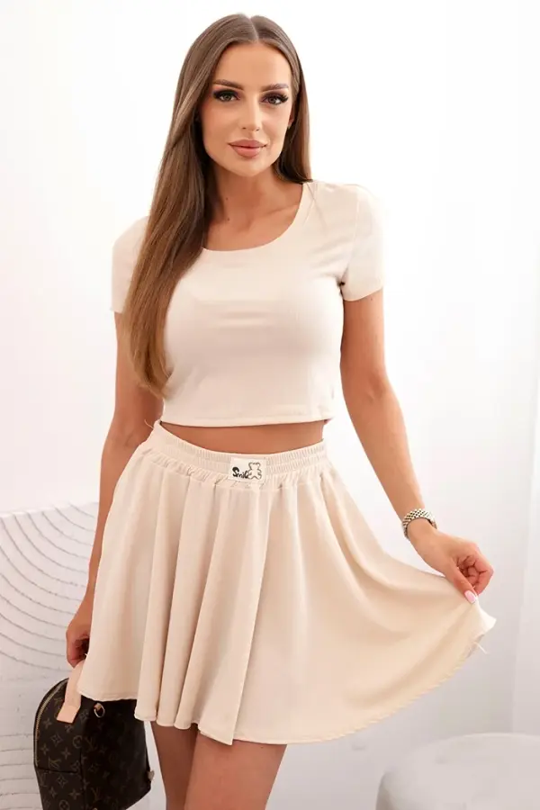 Kesi Włoski Kesi Włoski Women's set of short-sleeved blouse and flared skirt beige