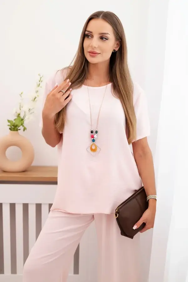 Kesi Włoski Kesi Włoski Women's set with a loose blouse and wide pants powder pink