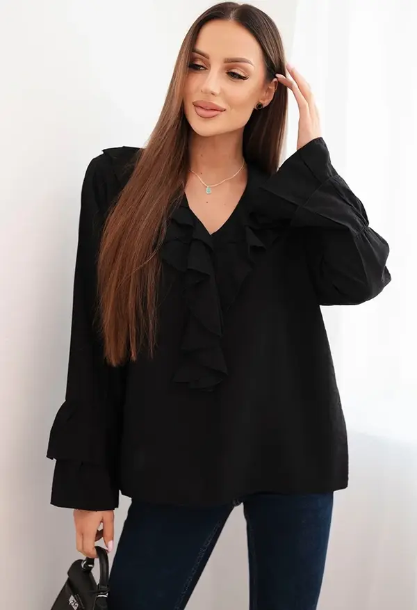 Kesi Włoski Kesi Włoski Women's viscose blouse with frills and long sleeves black