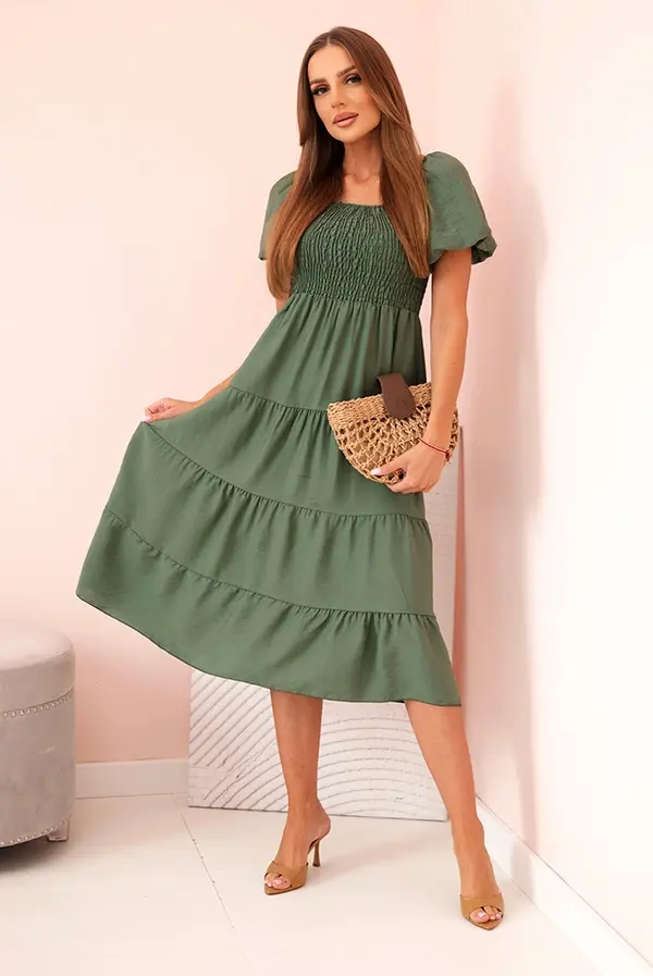 Kesi Włoski Kesi Włoski Women's viscose dress with puffed sleeves and a ruffled top khaki